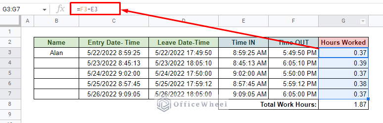 calculating hours work by using simple arithmetic subtraction in google sheets